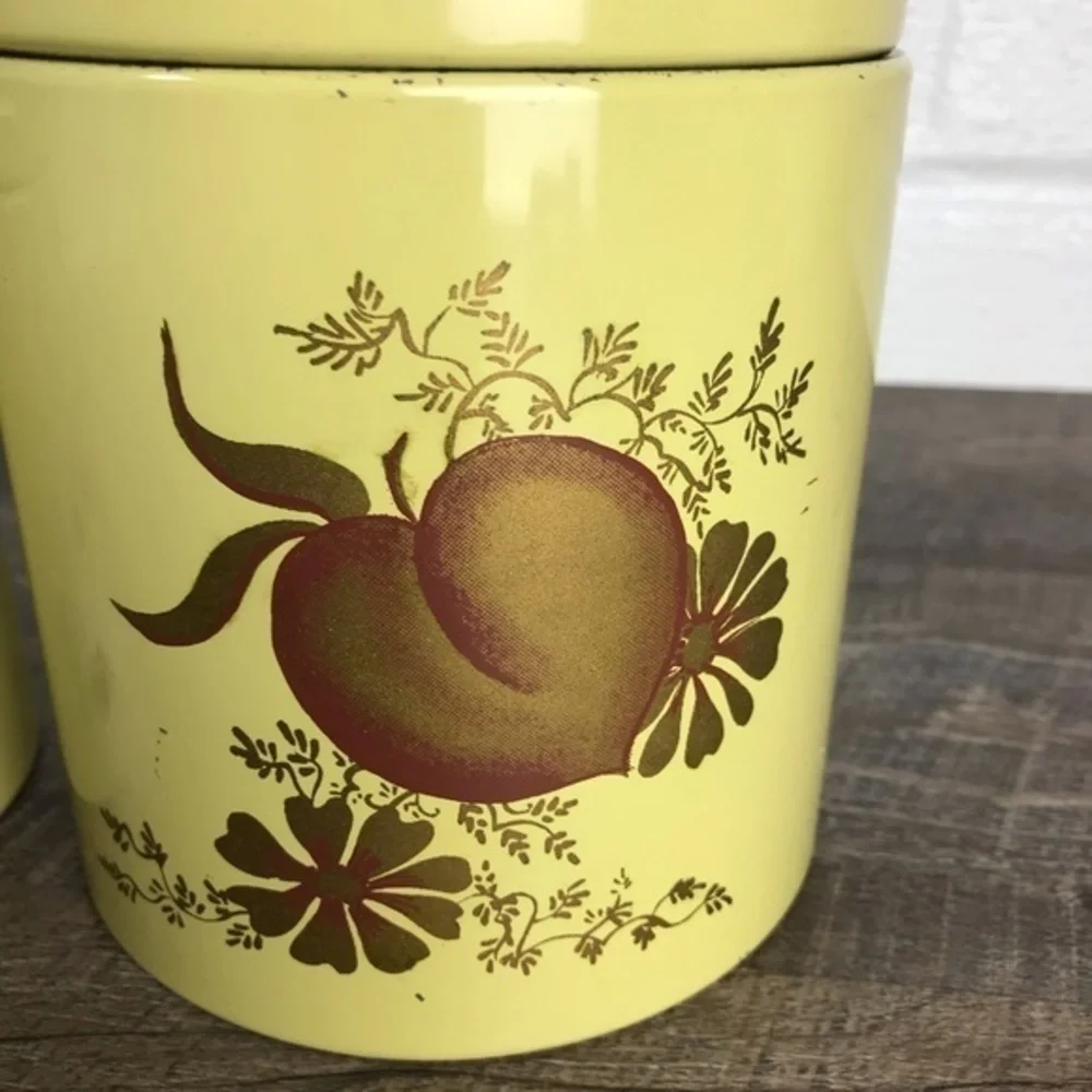 Vintage Ransburg metal canisters Made in USA set of two apples peaches fruit
